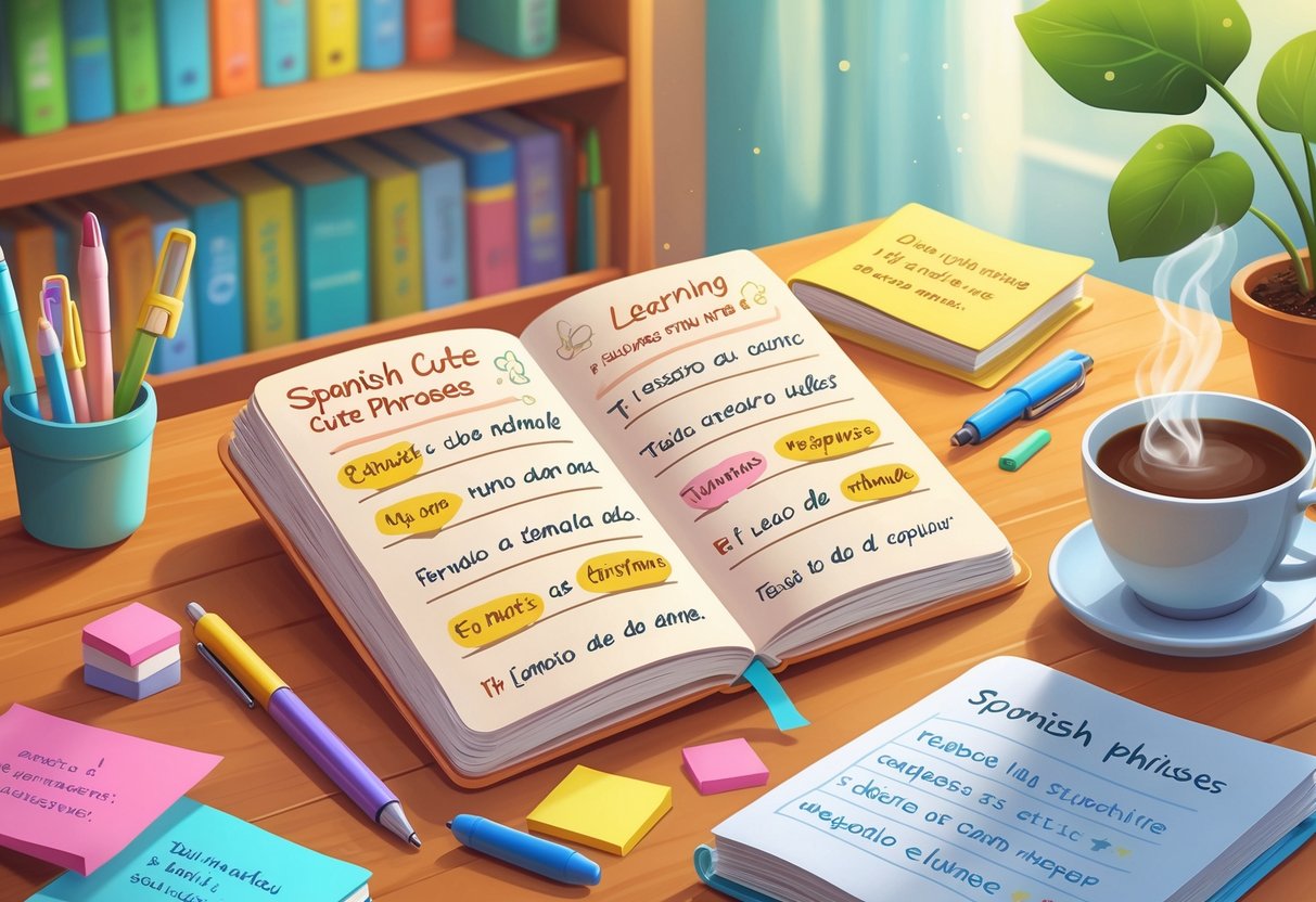 A cozy study desk with an open notebook showing Spanish phrases, surrounded by stationery, a cup of coffee, and a small plant, with a bookshelf in the background.