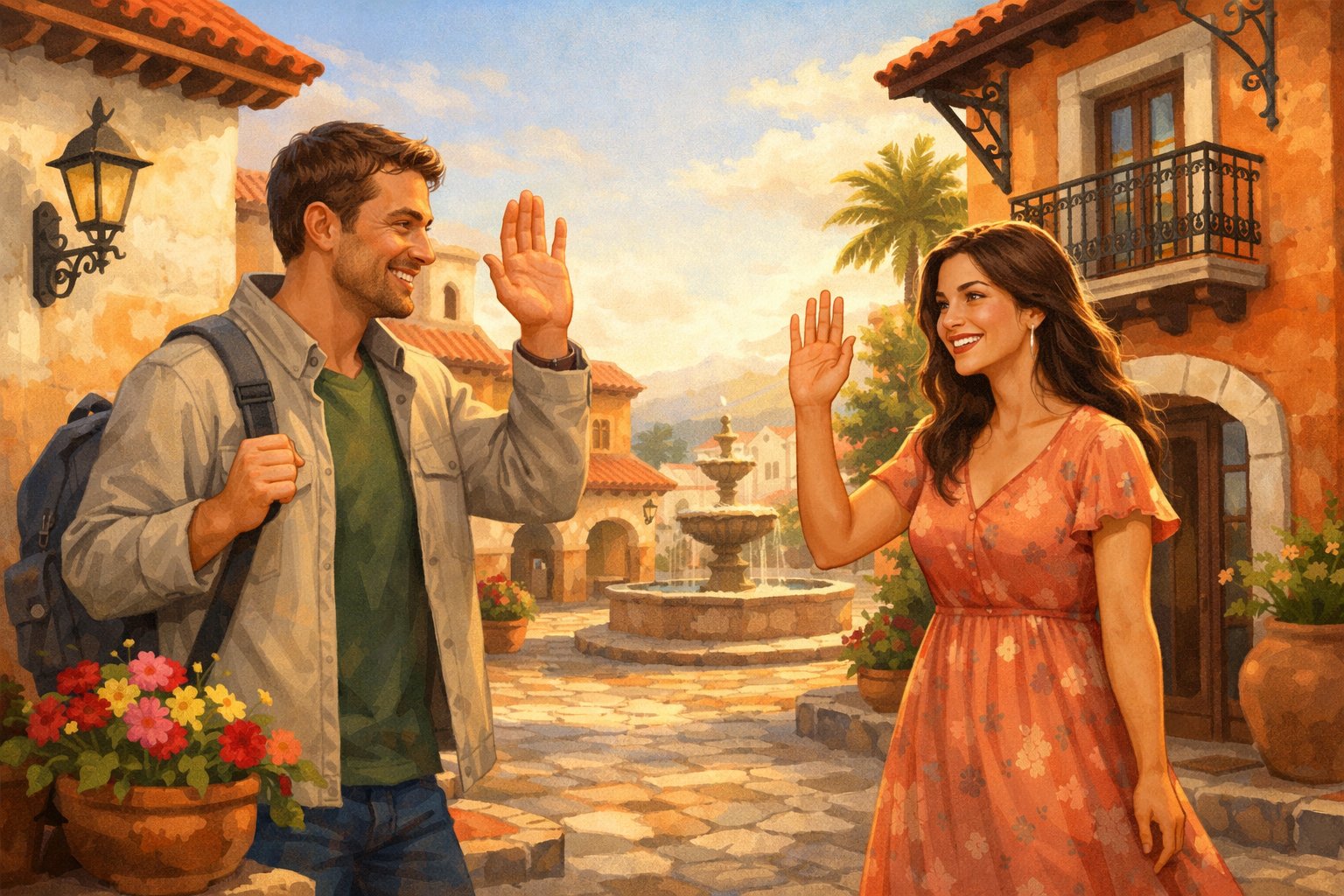Two people warmly waving goodbye to each other on a colorful street with Spanish-style buildings in the background.