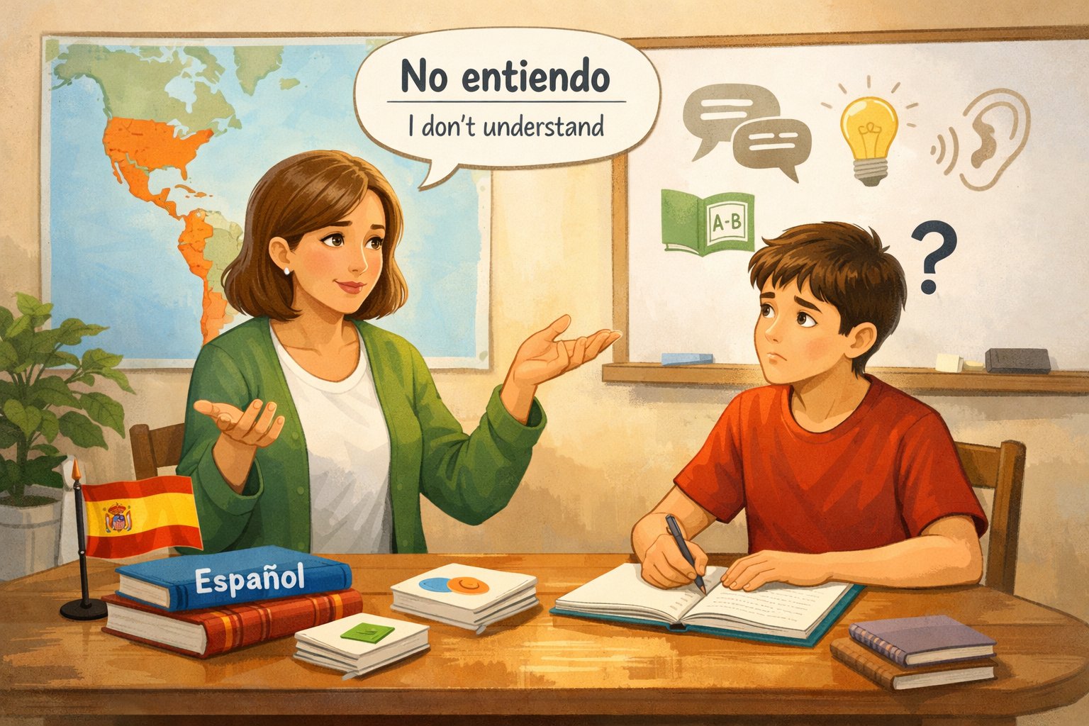 A teacher and student sitting at a table with language learning materials, the teacher explaining while the student looks puzzled, with a world map in the background.