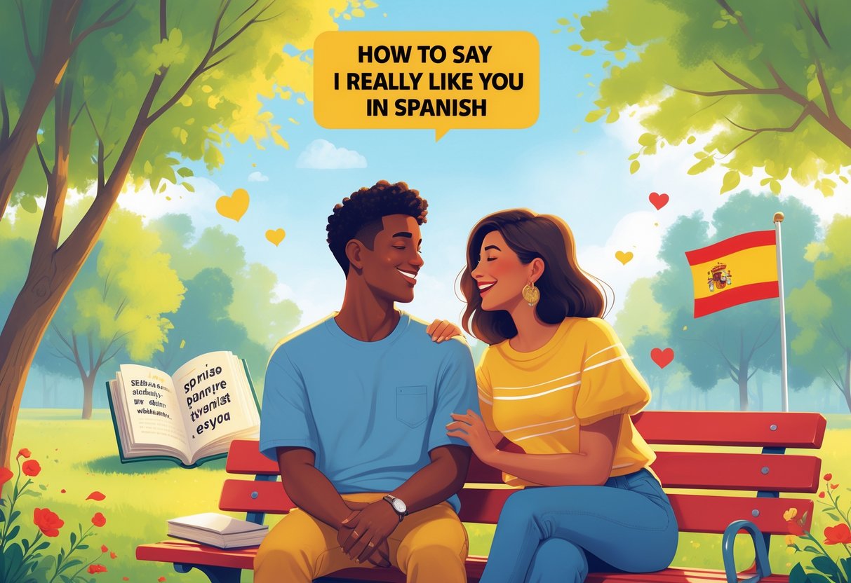 Two young adults smiling and talking in a sunny park with subtle Spanish cultural elements around them.