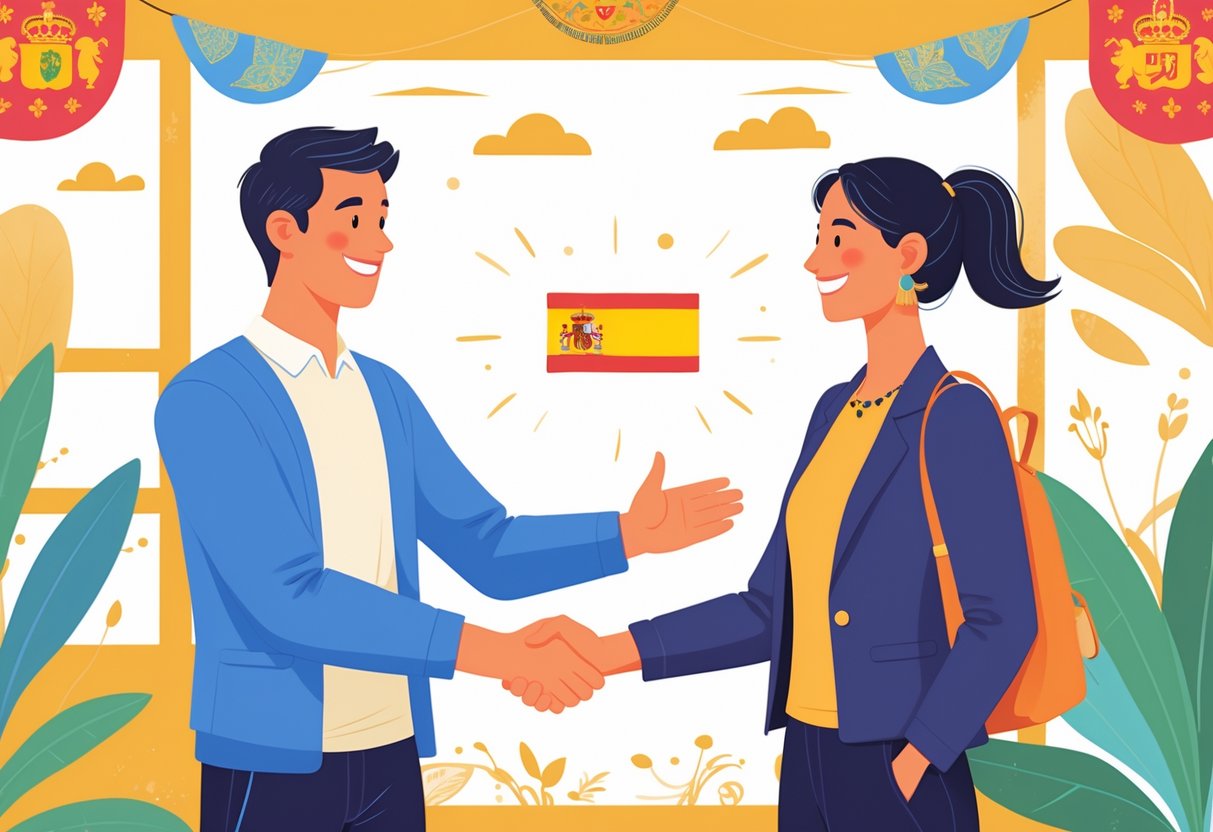 Two people smiling and shaking hands in a bright setting with subtle Spanish cultural elements in the background.