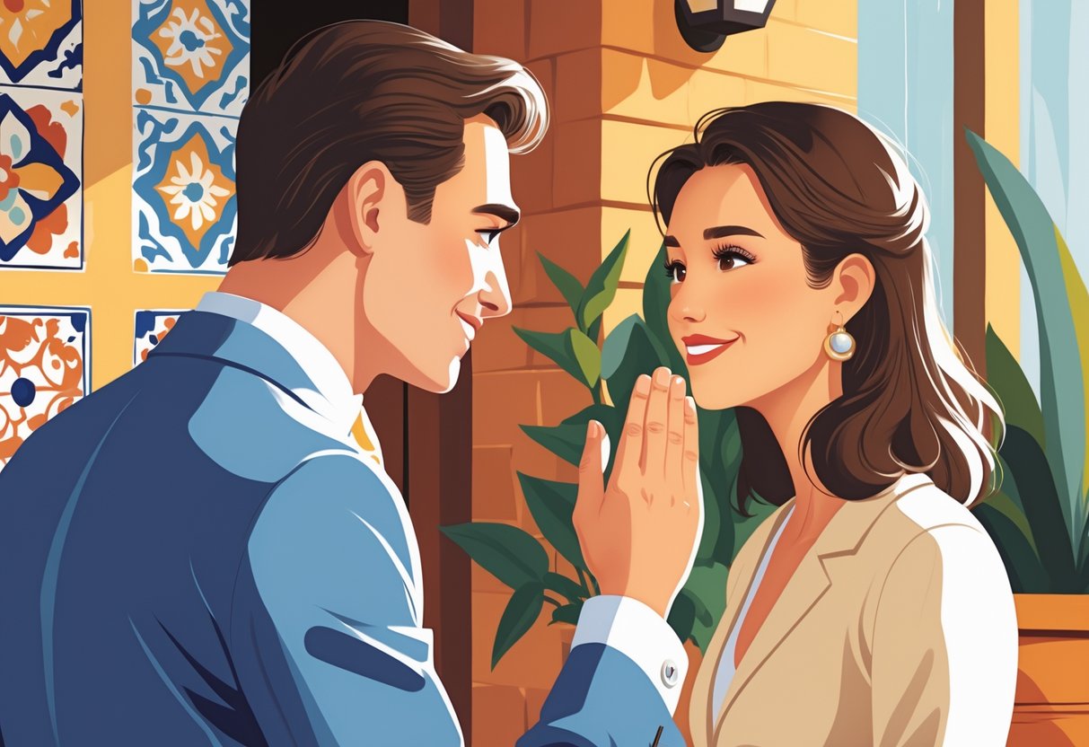 Two people politely interacting with one person raising a hand near his mouth to say pardon me in a Spanish-speaking setting.