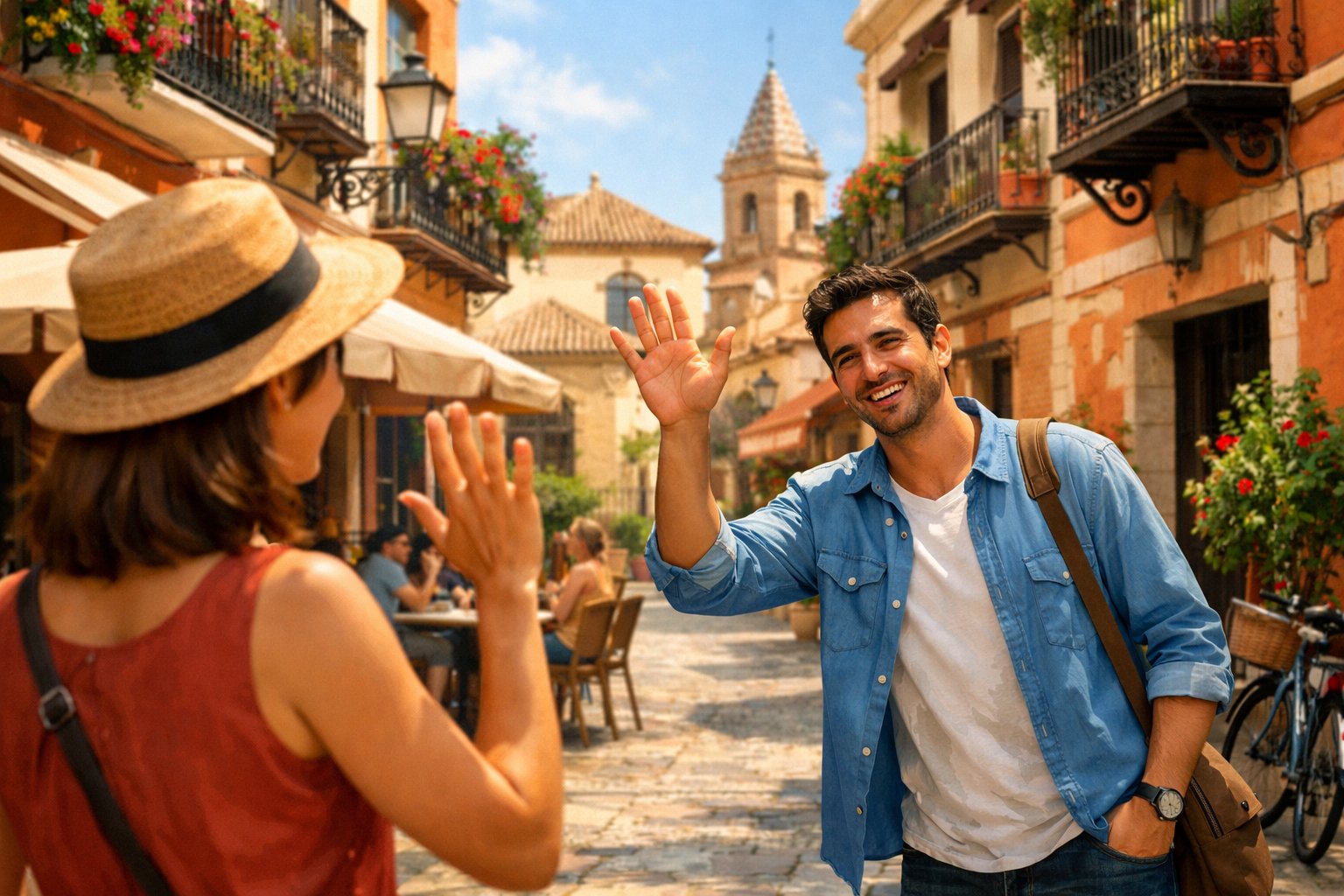 Two friends smiling and waving goodbye to each other on a sunny street with colorful buildings and flowers.
