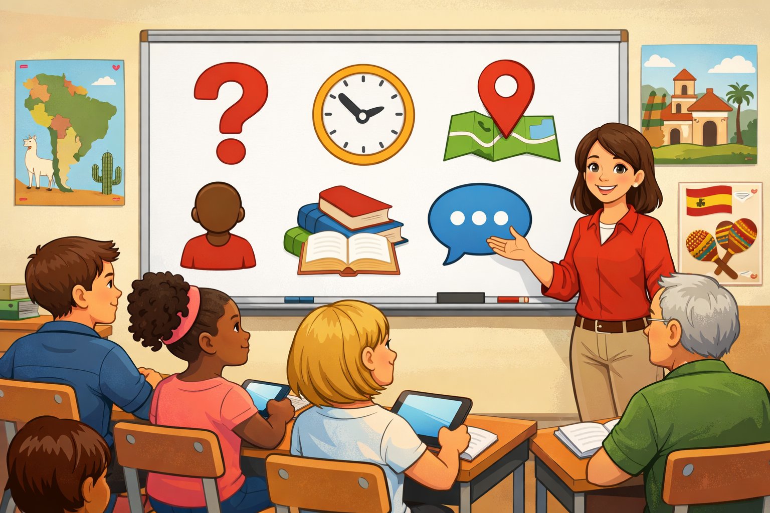 A teacher stands by a whiteboard showing icons representing Spanish question words while students sit at desks paying attention in a bright classroom.