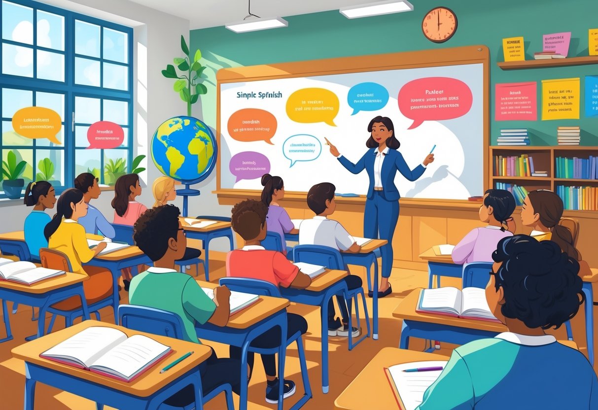 A teacher in a classroom with students learning Spanish sentences using visual aids on a whiteboard.