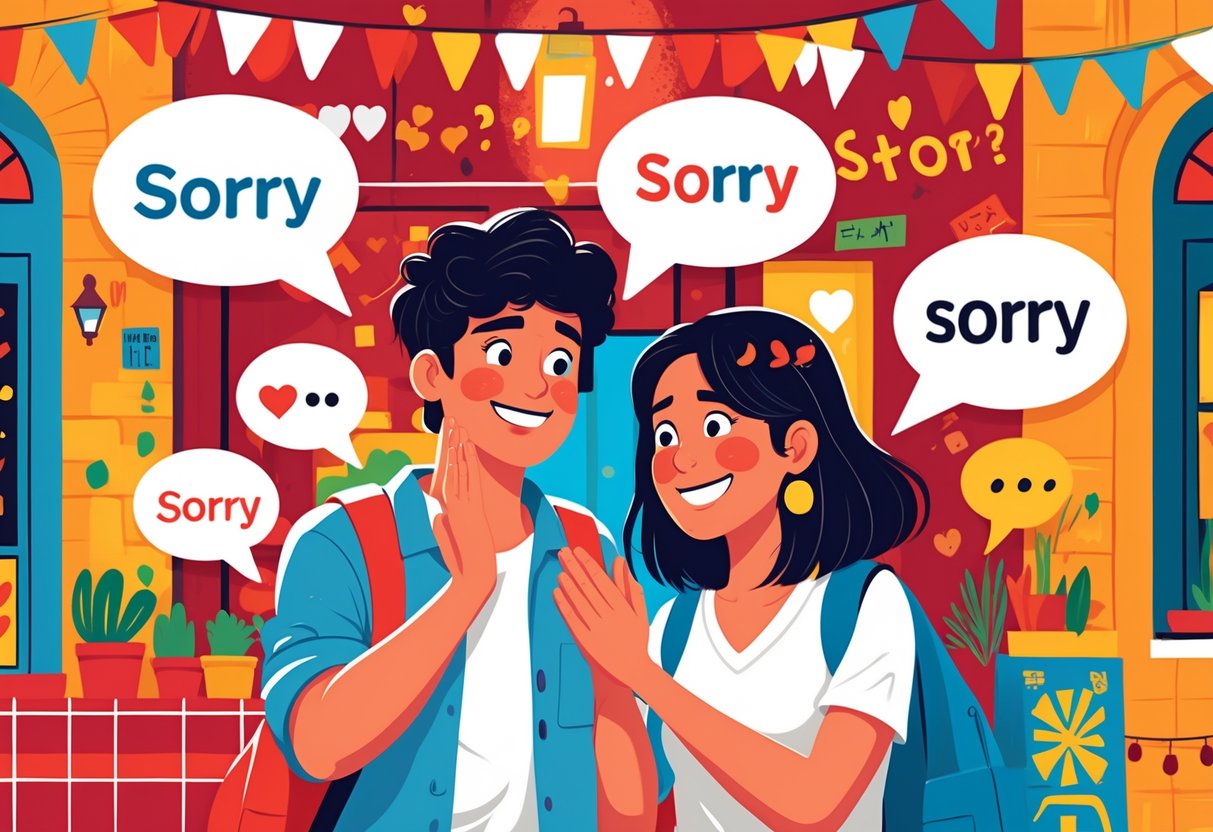 Two young adults in a casual urban setting, one apologizing to the other with friendly expressions and colorful symbols around them representing Spanish slang for sorry.