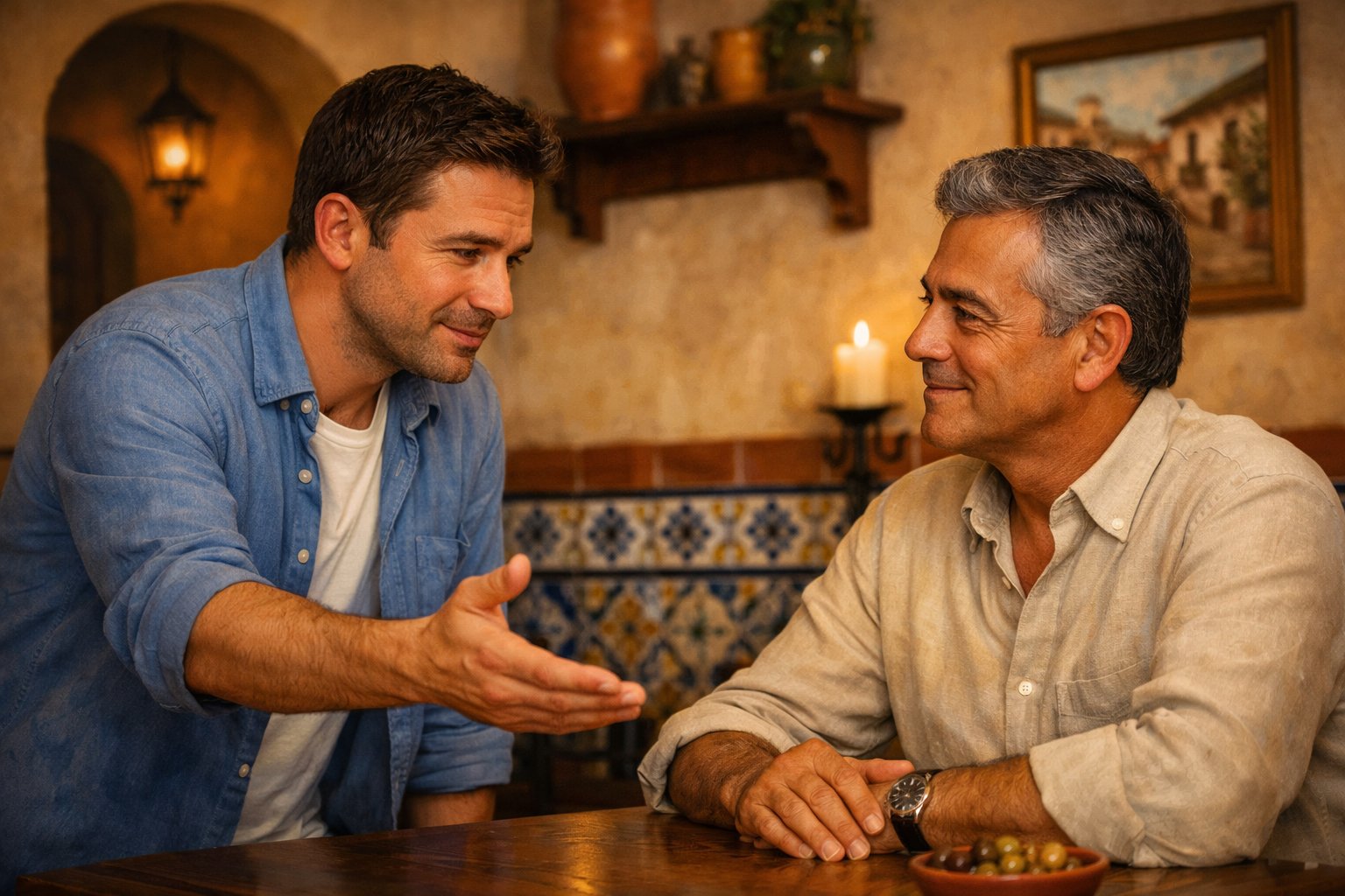 Two people having a respectful conversation, one gently extending a hand to apologize while the other listens calmly in a warm, inviting room.