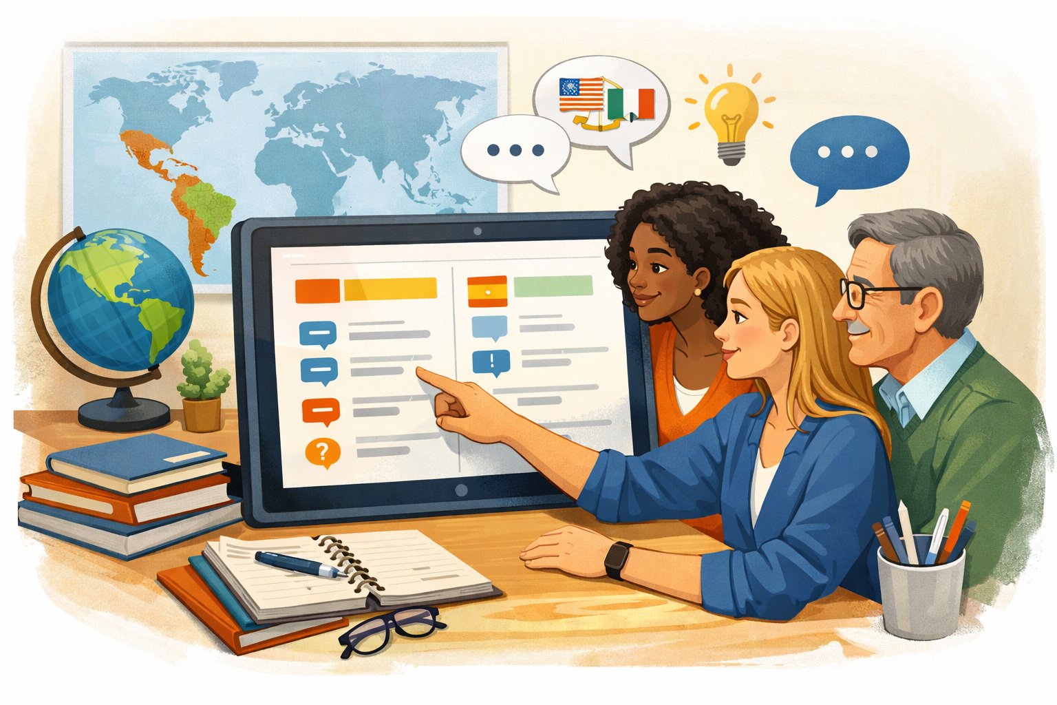 A group of people learning Spanish together, pointing at a book with vocabulary and translation icons, with a world map in the background.