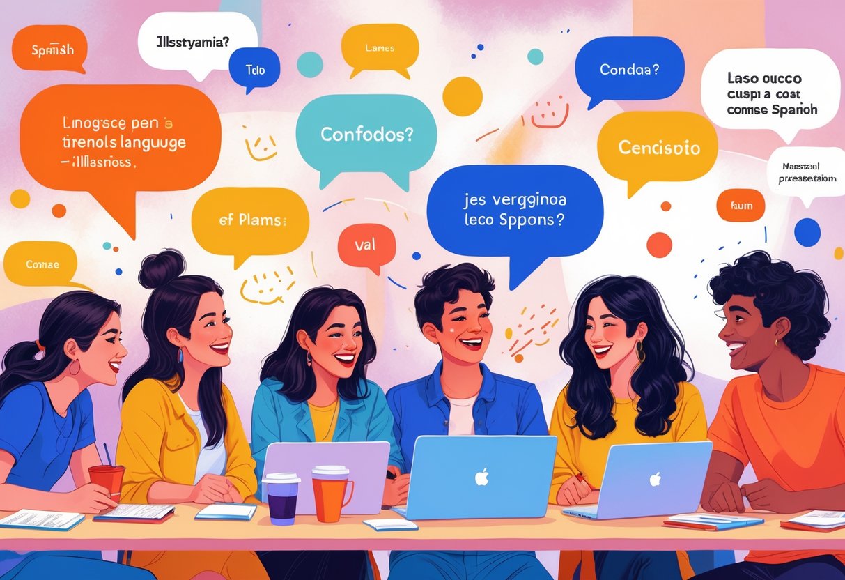 A group of young adults sitting around a table in a classroom, engaging in a lively conversation and practicing Spanish together.