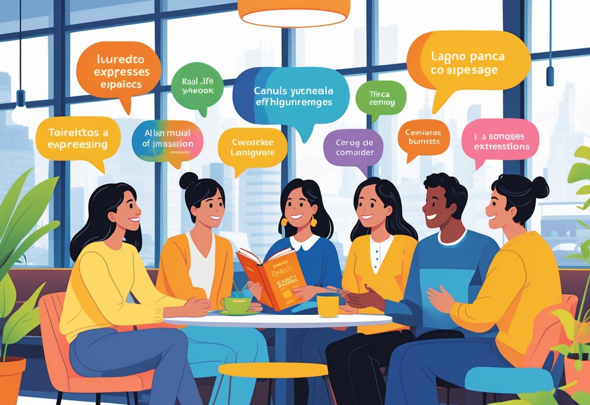 People chatting animatedly in a café with speech bubbles and icons symbolizing natural conversation and language learning.