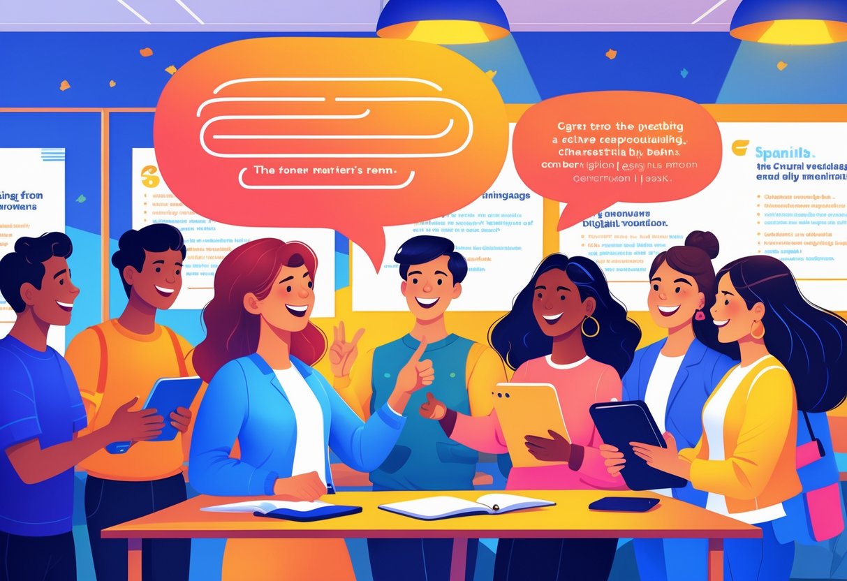 A teacher guides a diverse group of students in a classroom, focusing on natural conversational language and sentence patterns.