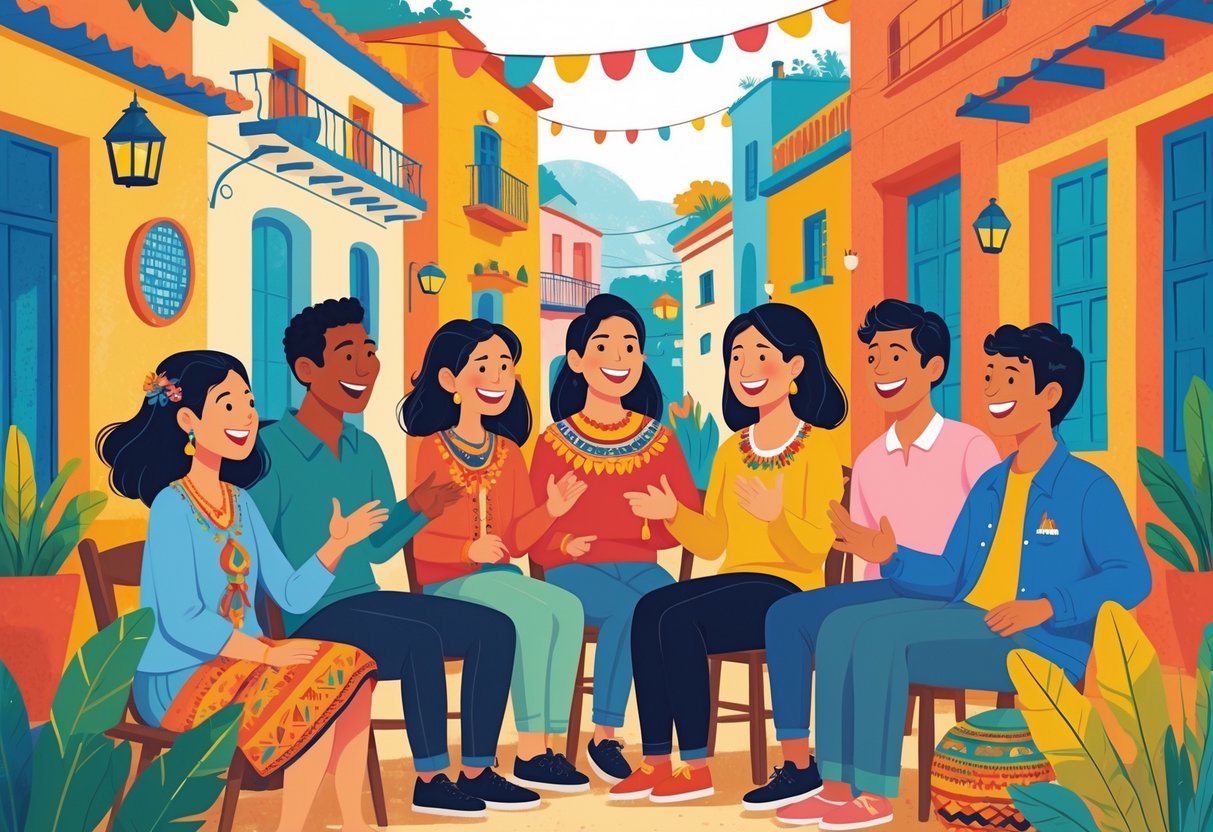 A diverse group of people talking and smiling together in a colorful setting with cultural elements from different Spanish-speaking regions.