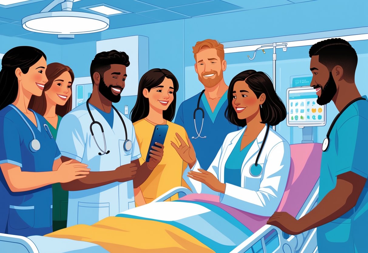 Healthcare workers interacting warmly with Spanish-speaking patients in a hospital setting.