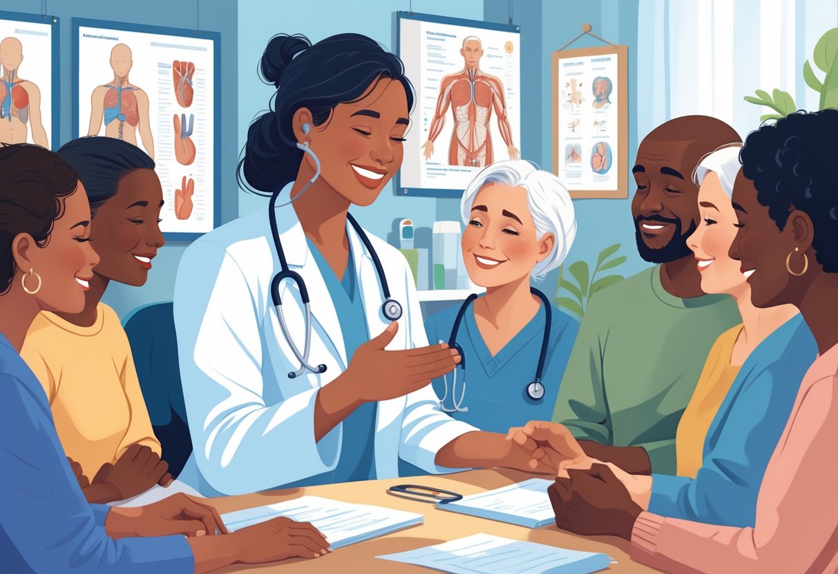 A healthcare worker in a white coat talking warmly with diverse patients in a medical clinic.
