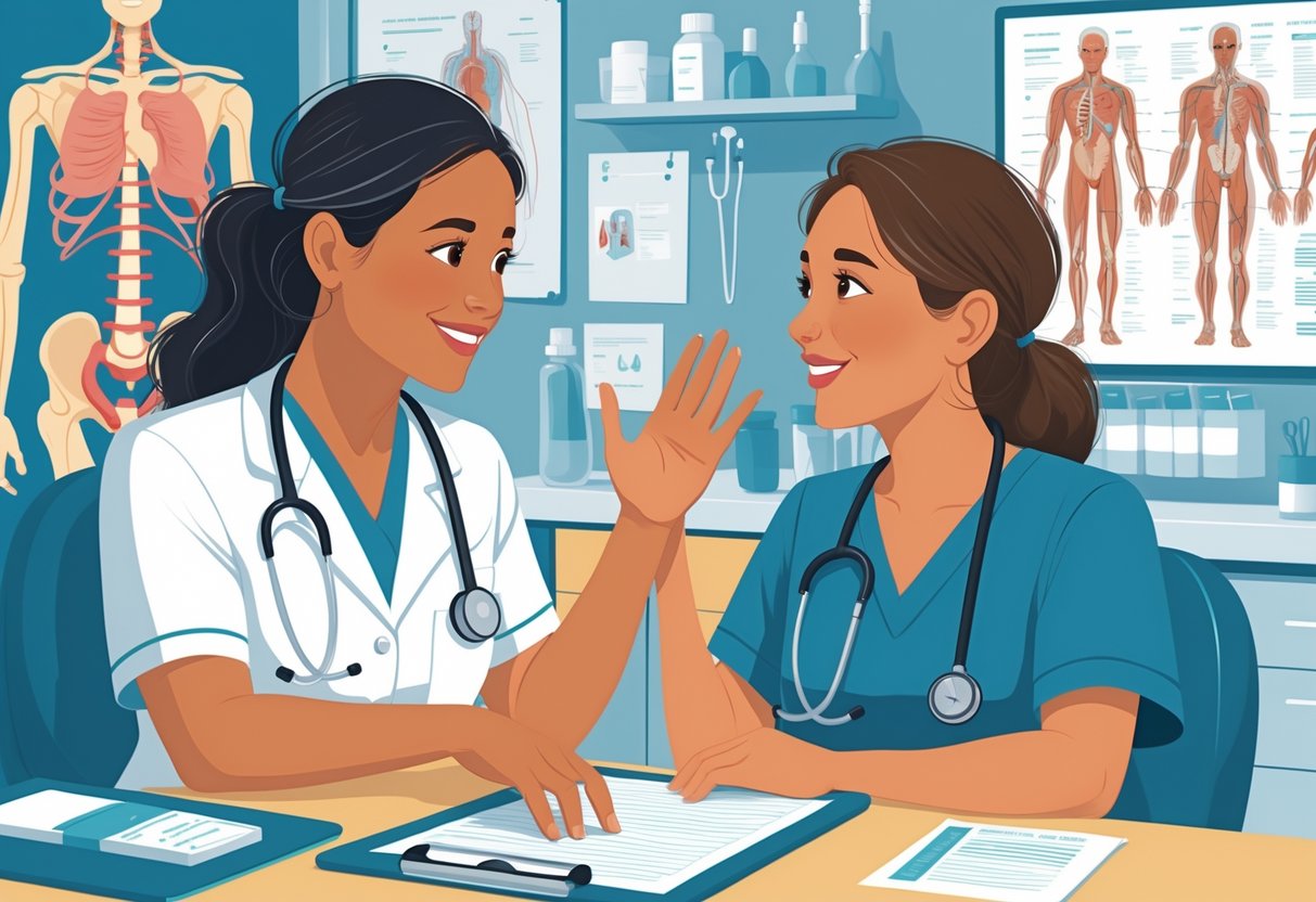 A healthcare worker attentively speaking with a patient in a medical setting, showing a trusting and supportive interaction.