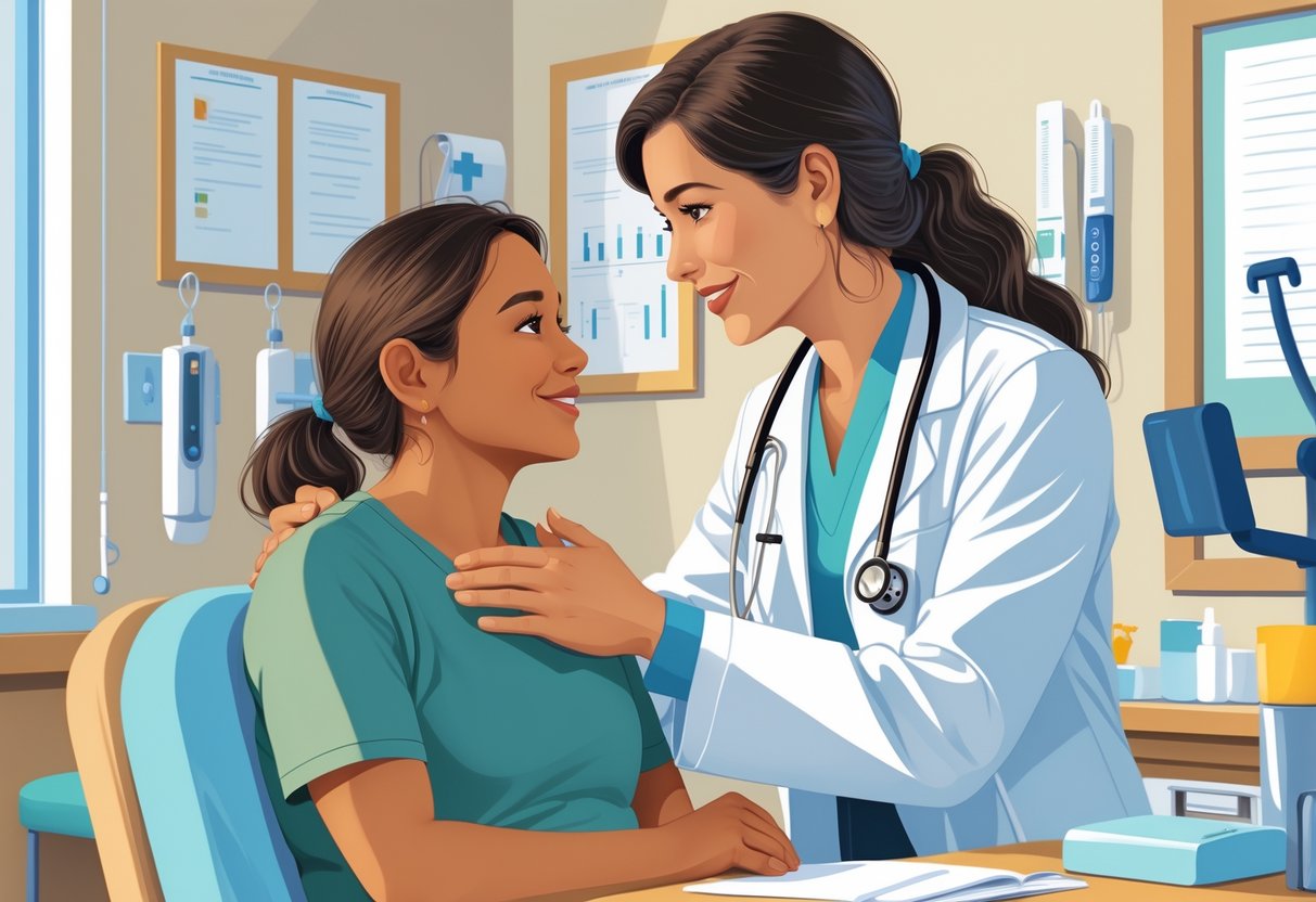 A healthcare worker attentively speaking with a Spanish-speaking patient in a medical setting, showing trust and understanding.