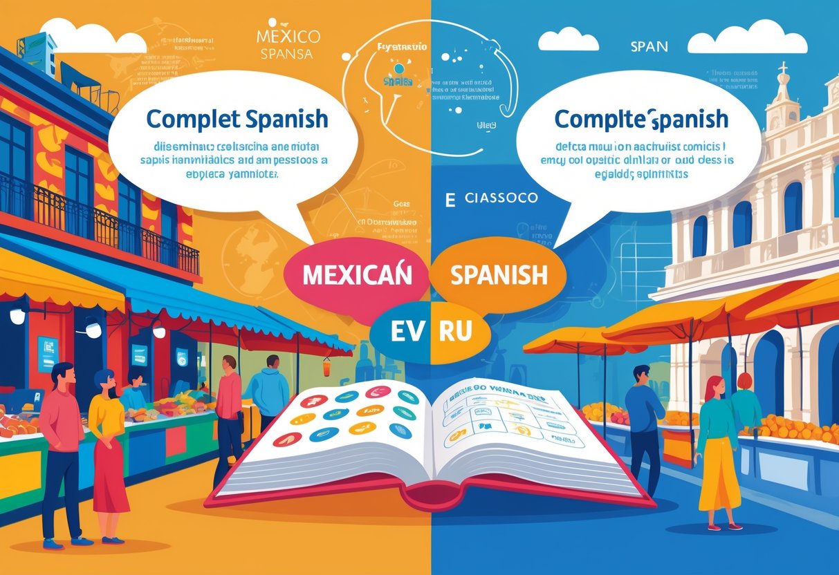 Two connected scenes showing a Mexican street market and a Spanish plaza with people speaking and speech bubbles representing different Spanish slang words, alongside an open book symbolizing a language guide.