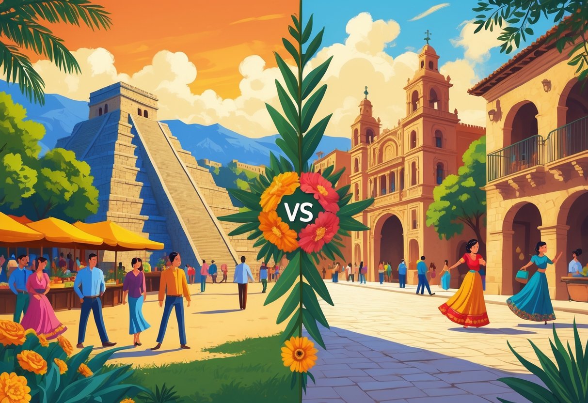 An illustration showing two cultural scenes side by side: one with Mexican landmarks, traditional clothing, and Day of the Dead symbols, and the other with Spanish flamenco dancers, historic buildings, and a sunny town square.
