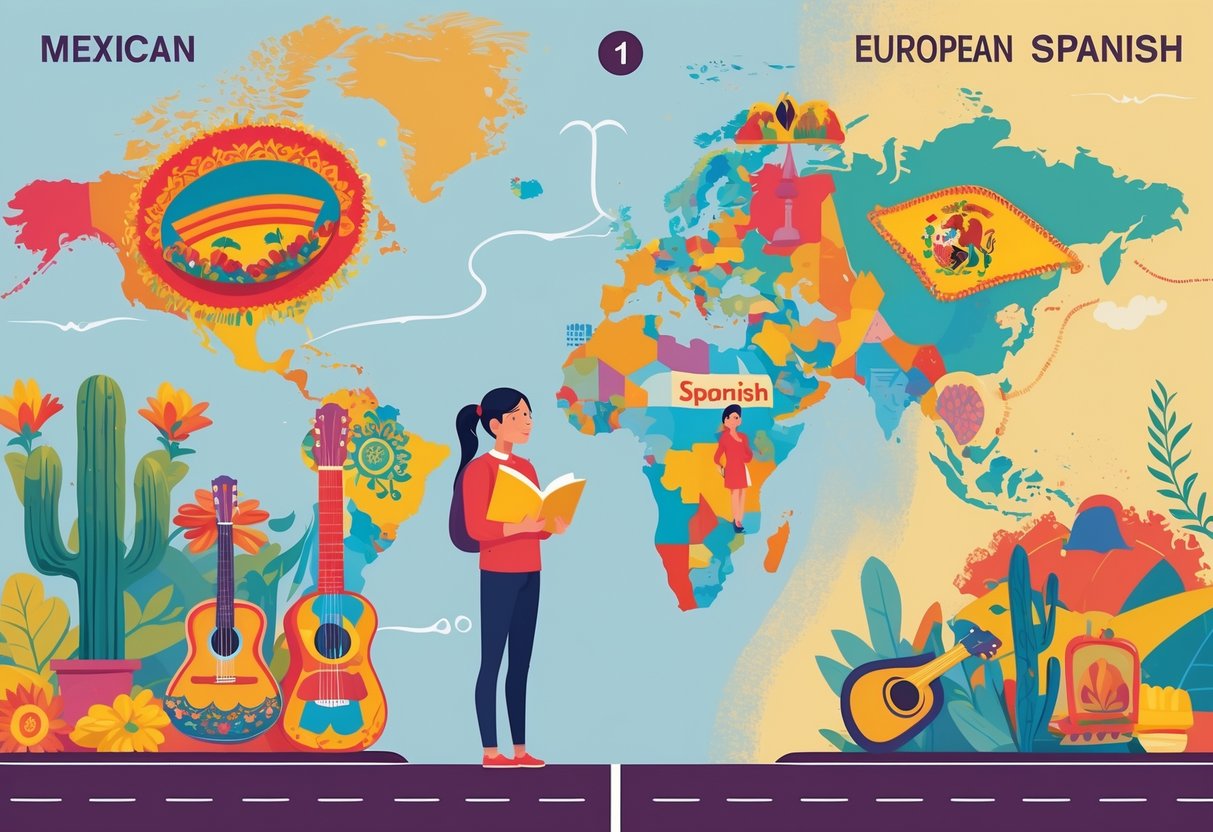 A person standing at a crossroads with two paths showing cultural symbols of Mexico on one side and Spain on the other, representing a choice between Mexican Spanish and European Spanish.