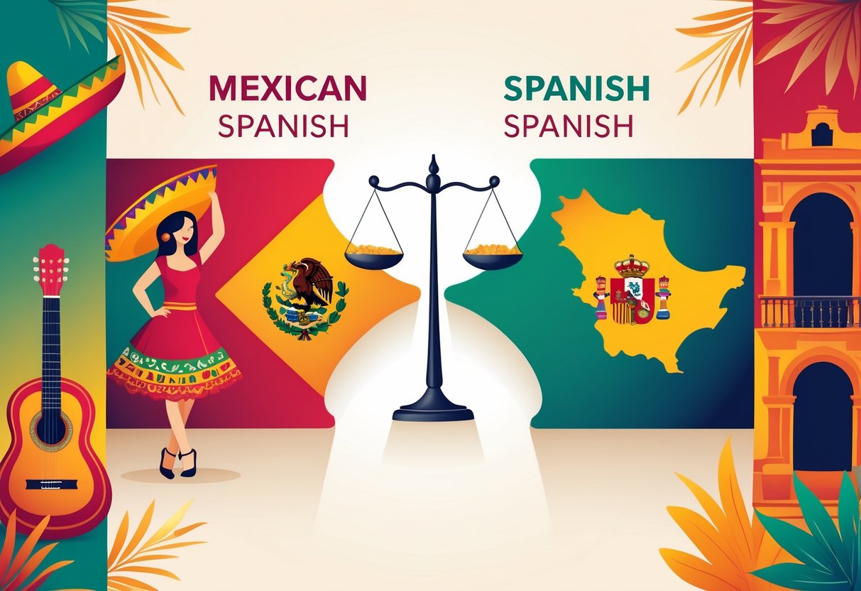An illustration showing cultural symbols from Mexico and Spain side by side with a balance scale and a split map representing a comparison between the two Spanish dialects.