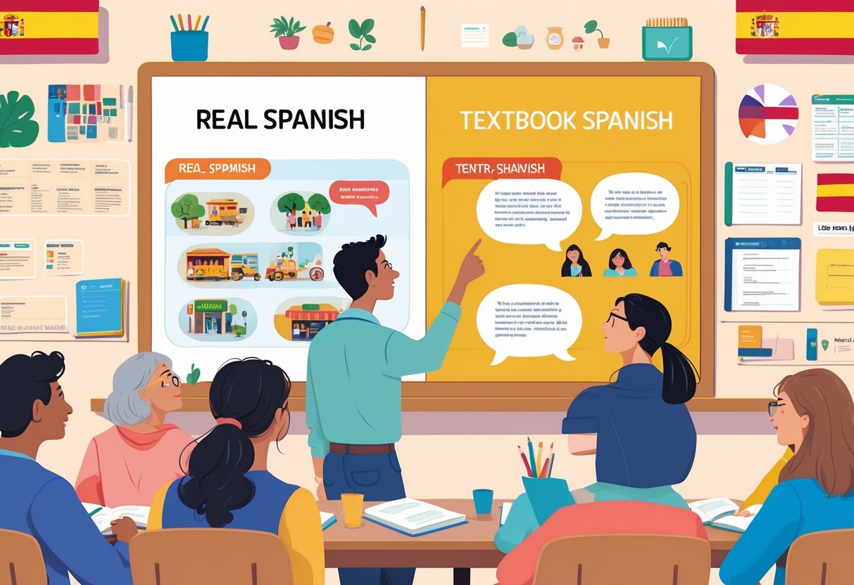 A teacher explains differences between Spanish phrases and textbook Spanish to a group of adult students in a classroom with illustrations representing casual conversations and formal language learning.