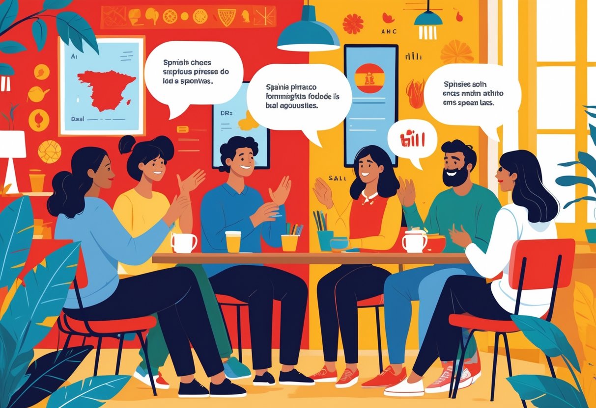 People engaged in a lively conversation in a cozy setting with Spanish cultural elements around them.