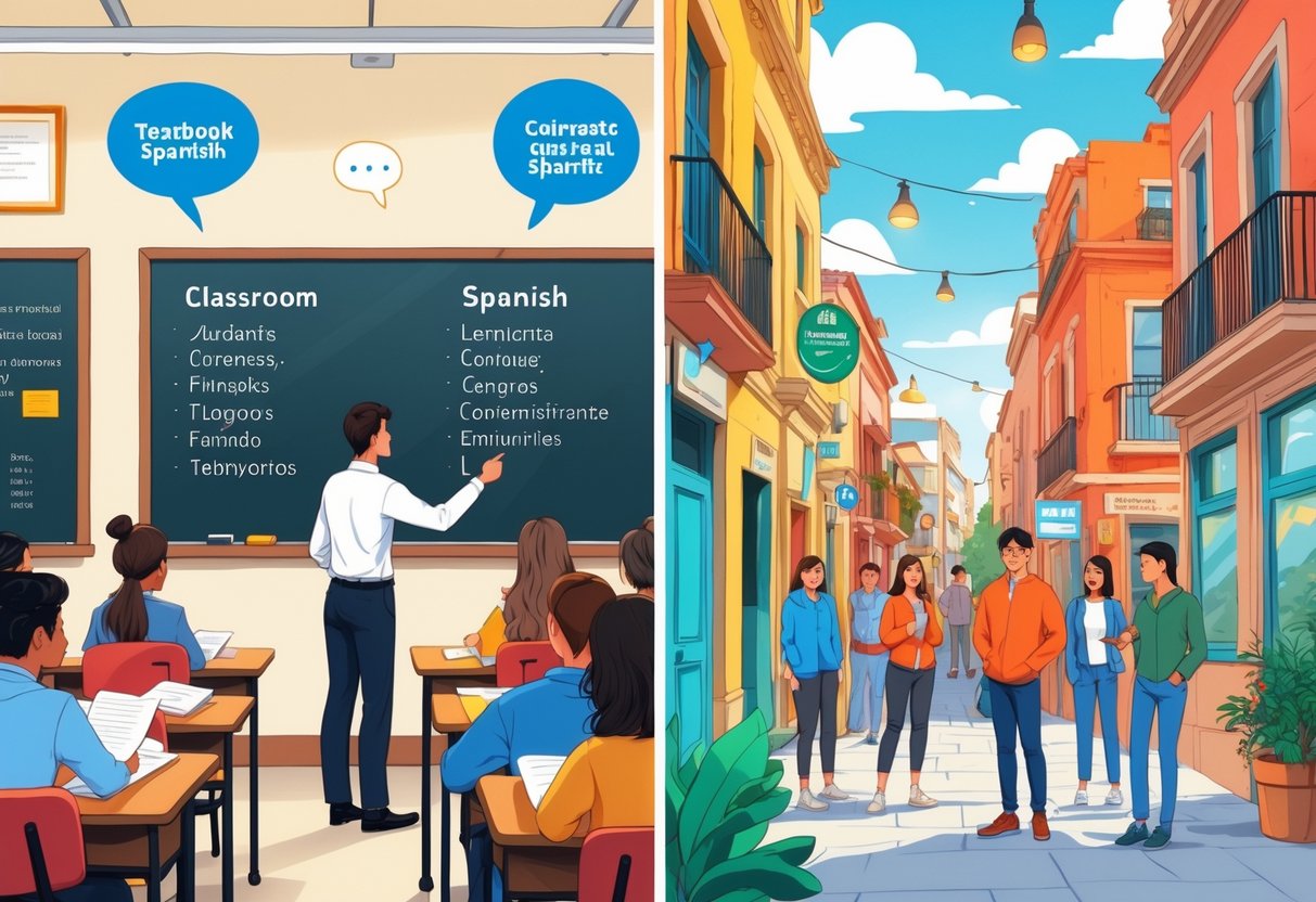 A split scene showing a classroom with a teacher and students on one side and a lively street with people talking on the other, illustrating formal and informal Spanish language use.