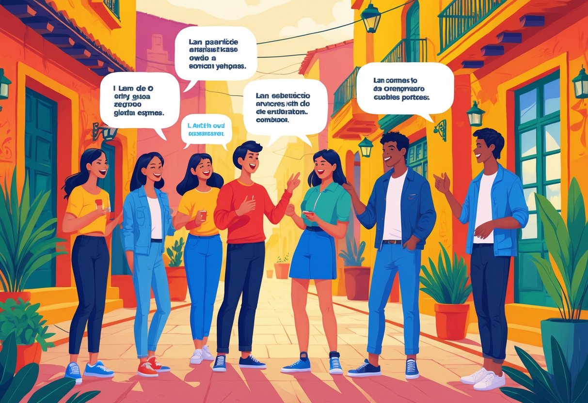 A group of young people talking and smiling together on a colorful street in a Spanish-speaking neighborhood, engaging in a lively conversation.