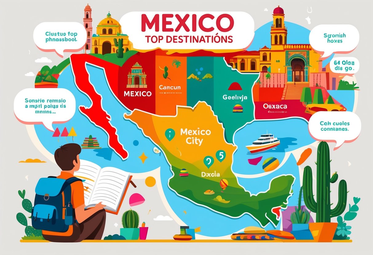 An illustrated map of Mexico highlighting popular travel destinations with cultural icons and a traveler using a phrasebook surrounded by symbols of Mexican culture.