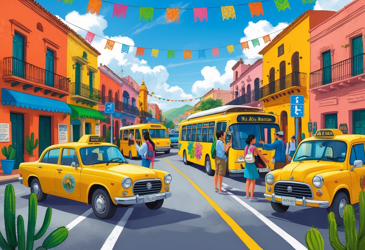 A group of travelers receiving directions from a local guide near taxis and buses on a busy Mexican street with traditional buildings and decorations.