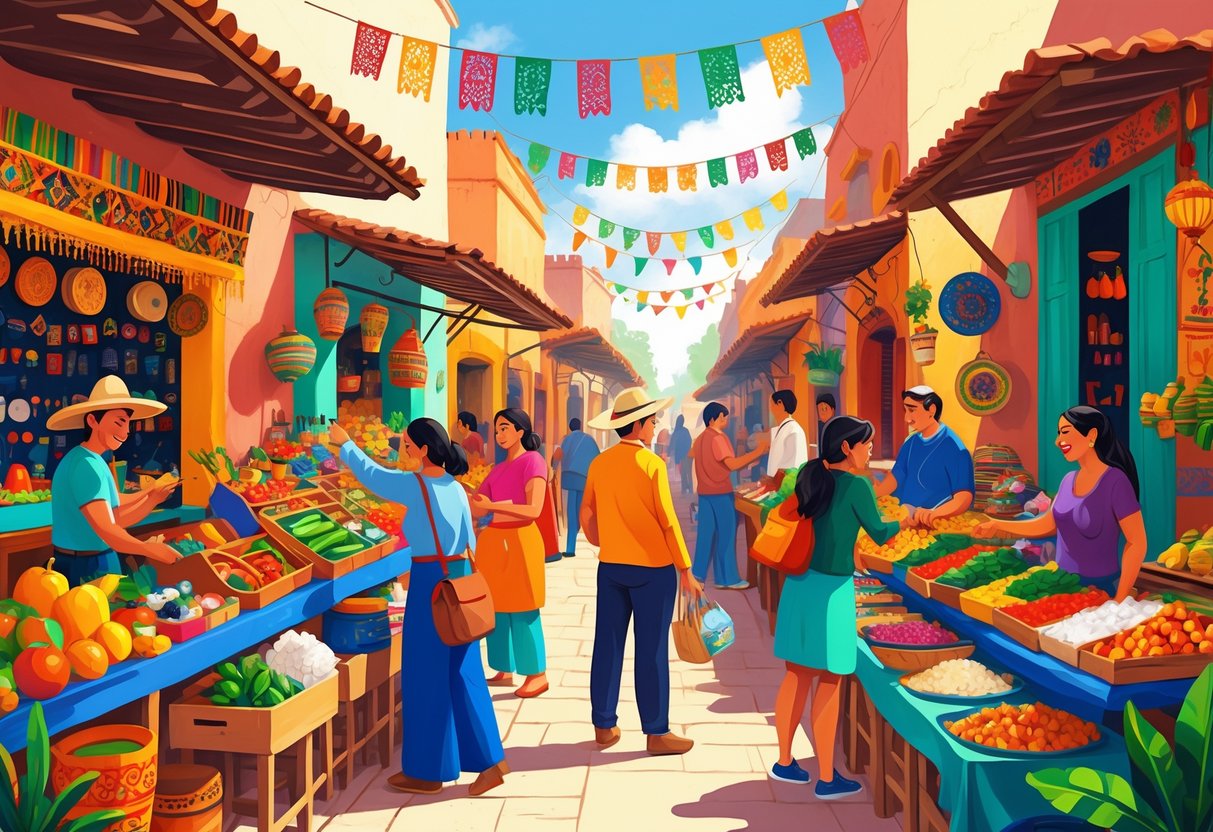 A busy Mexican market with people shopping and bargaining among colorful stalls filled with traditional goods.