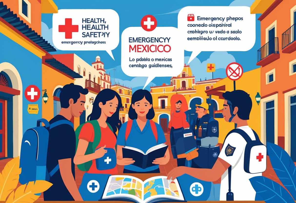 Travelers consulting a guidebook with health and safety symbols in a Mexican street scene featuring landmarks and emergency icons.