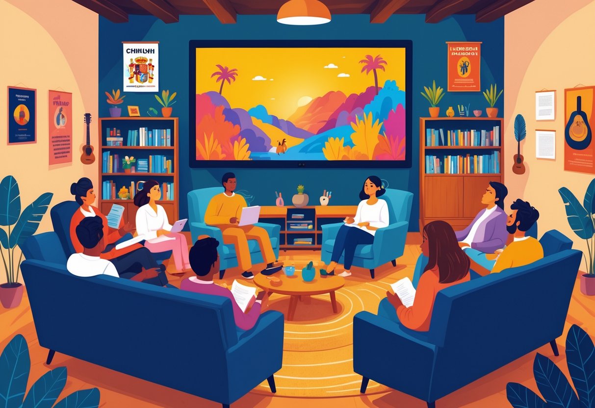 People watching a Spanish film together in a cozy room decorated with Spanish cultural items, engaged in learning the language.