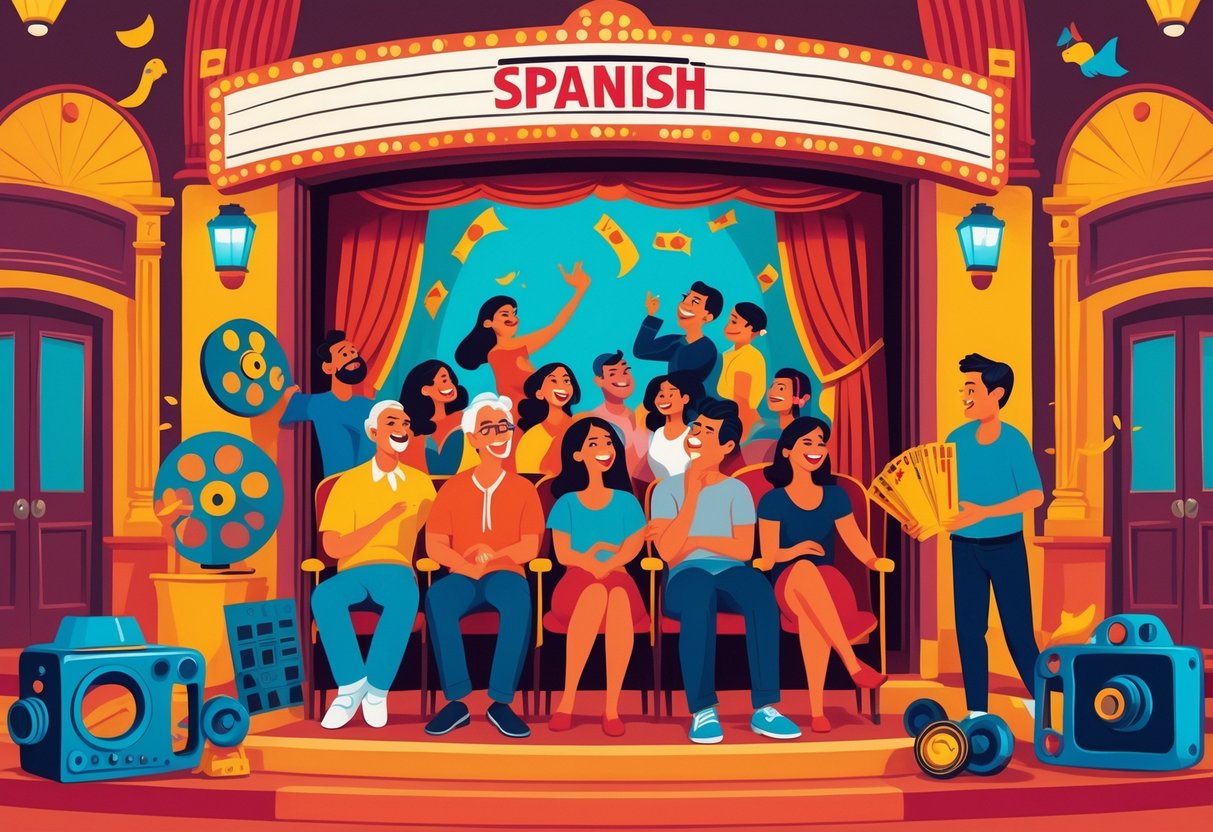 A lively scene of people watching a Spanish film in a classic movie theater surrounded by Spanish cultural elements like flamenco dancers and traditional architecture.