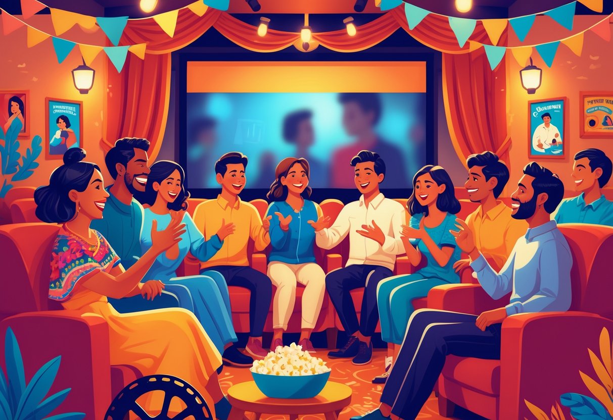 A group of people in a cozy cinema setting engaging in conversation surrounded by Hispanic cultural decorations and movie posters.
