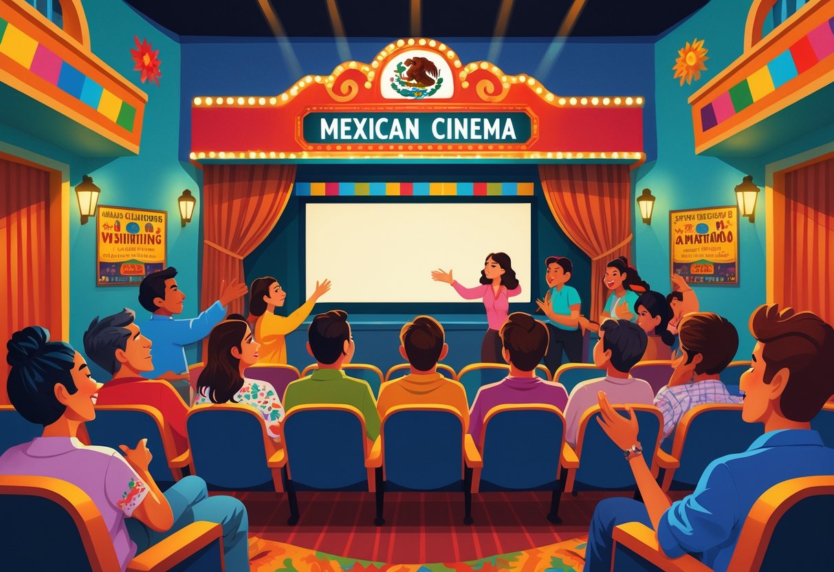 People of different ages watching a Mexican movie in a colorful theater decorated with traditional Mexican cultural elements.