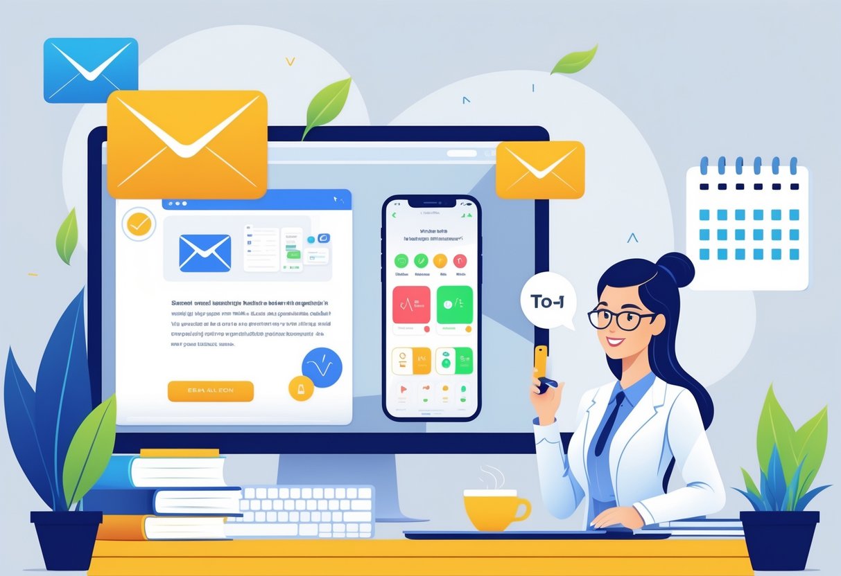 A busy professional learning Spanish using three methods: reading an email lesson on a computer, practicing with a language app on a smartphone, and having an online session with a Spanish tutor.