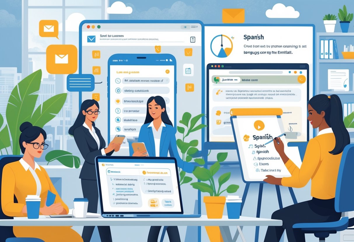 Busy professionals in an office learning Spanish using email on a laptop, a language app on a smartphone, and a tutor teaching one-on-one with a whiteboard.