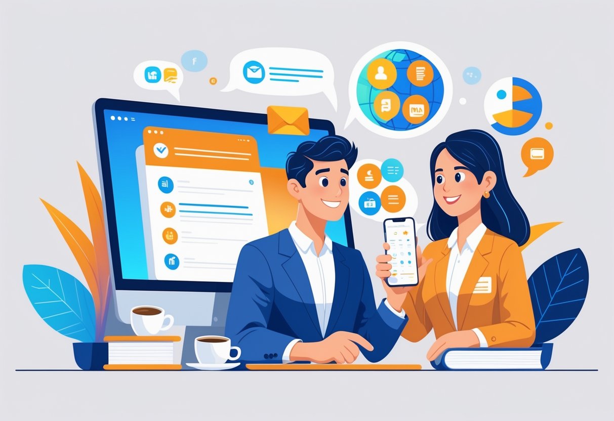 A busy professional in an office interacts with a laptop showing email, a smartphone displaying language apps, and a Spanish tutor, illustrating different ways to learn Spanish.