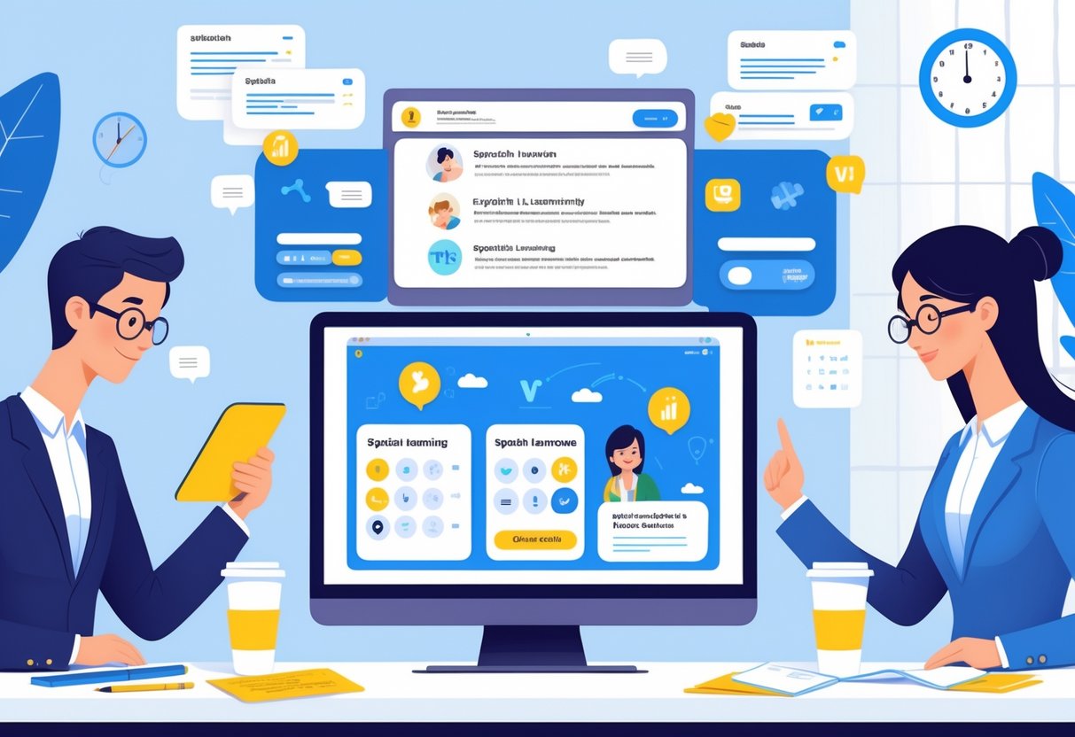 A busy professional learning Spanish using email on a laptop, a language app on a smartphone, and a virtual tutoring session on a computer in an office setting.