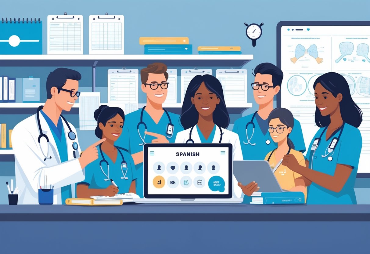 Healthcare professionals in a medical office using digital devices to learn Spanish, surrounded by medical equipment and study materials.