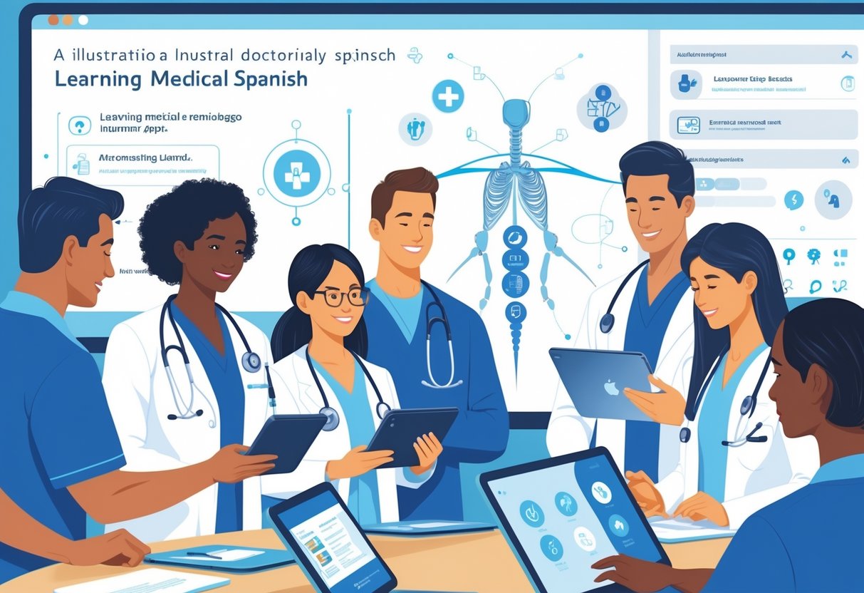 Healthcare professionals using digital devices in a medical training setting focused on learning Spanish language skills.