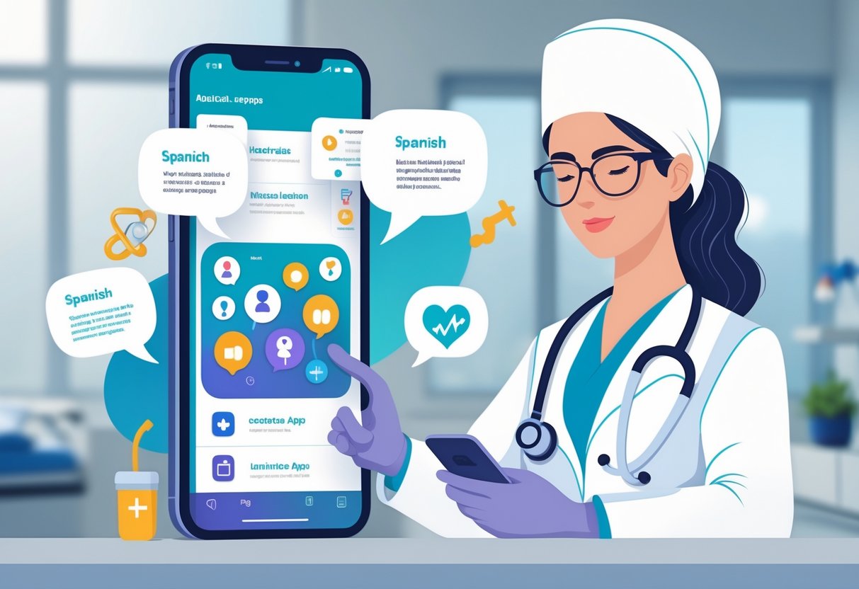 A healthcare professional using a smartphone with medical and language learning app icons in a clinical setting.