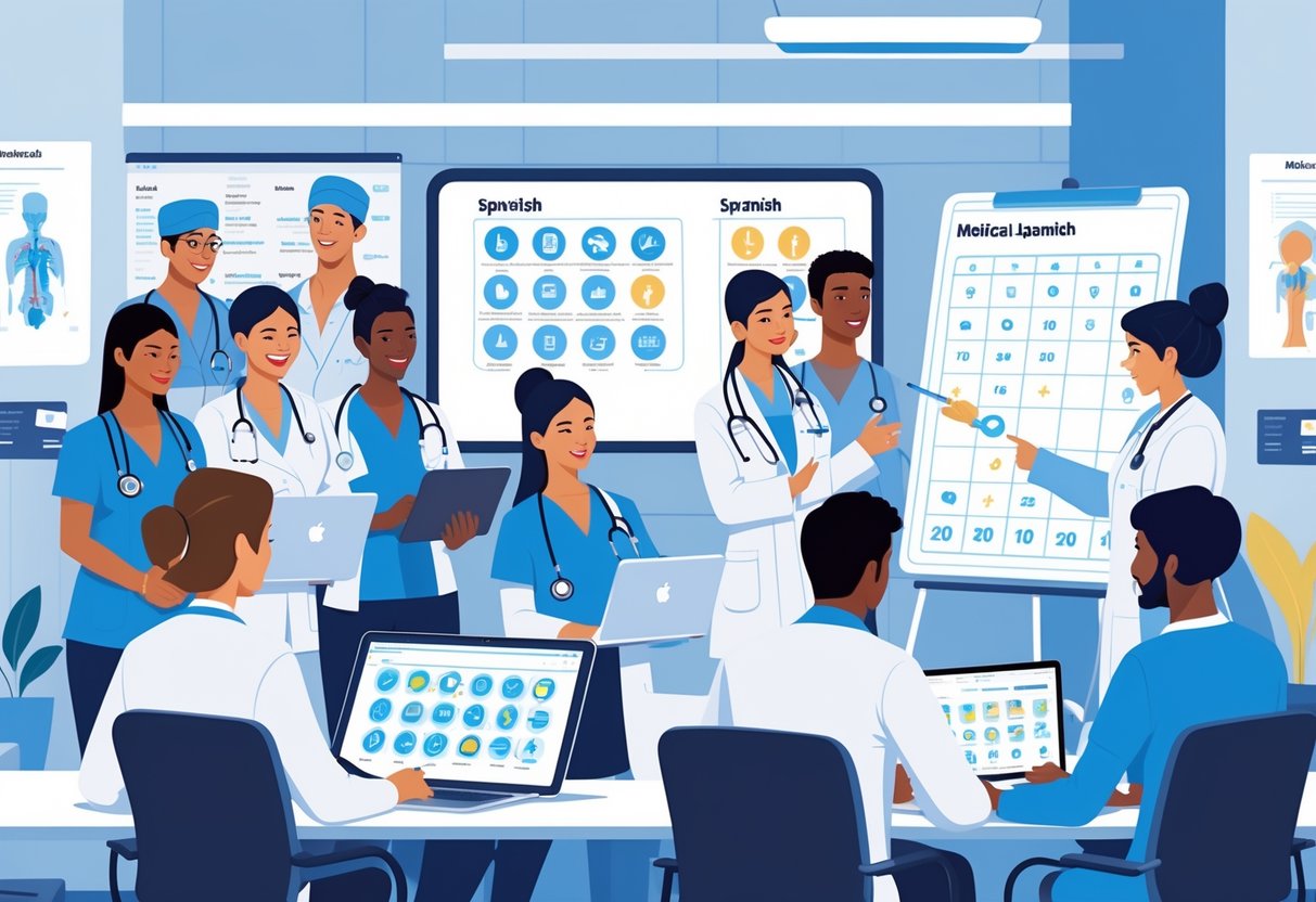 Healthcare professionals learning Spanish using laptops, tablets, and an instructor in a medical classroom setting.