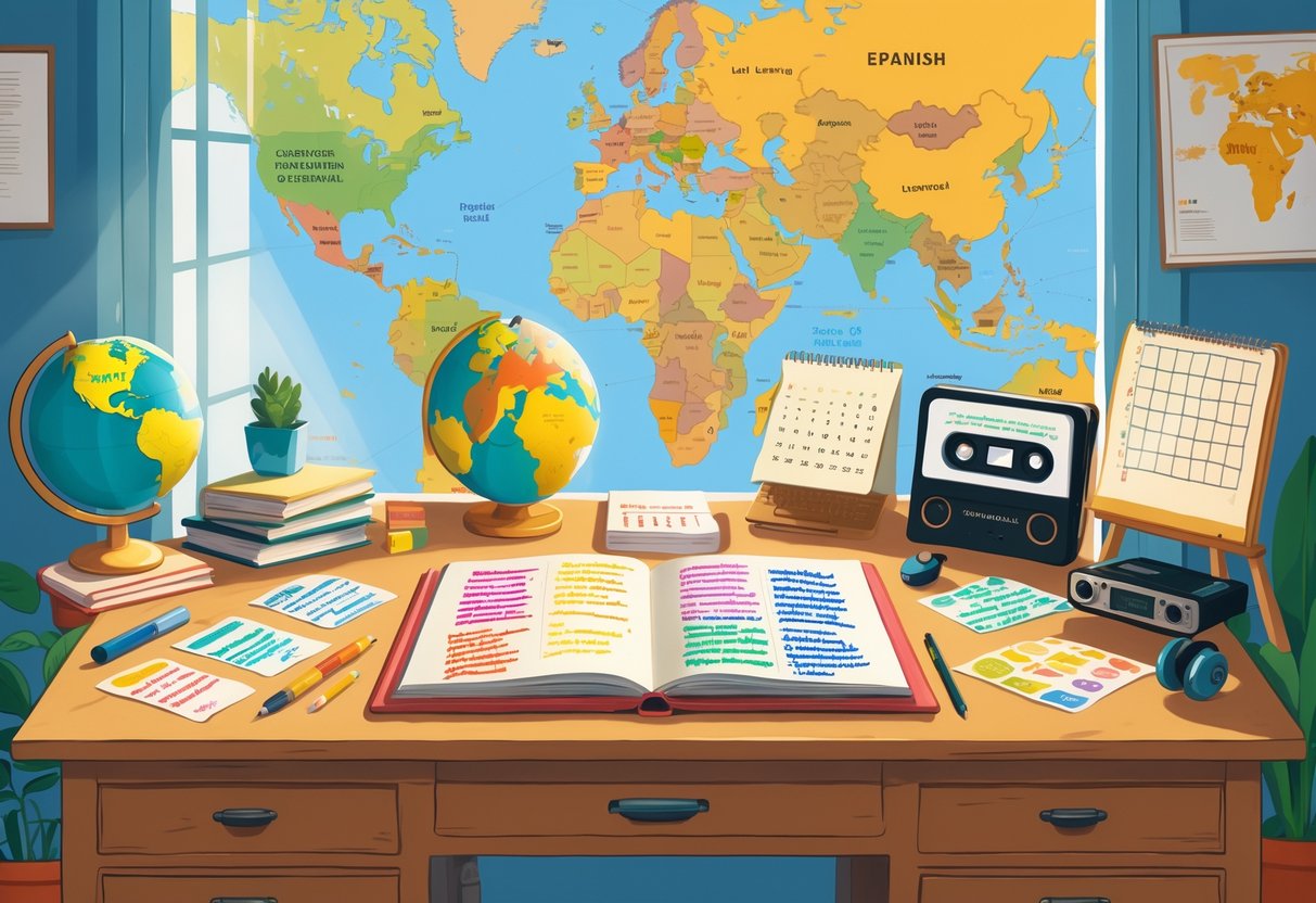 A study room with books, flashcards, a globe, a notebook, a calendar, and a map, all arranged to represent learning Spanish without using screens.