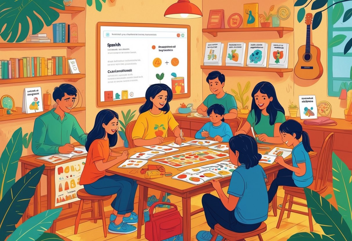 People of different ages engaged in hands-on Spanish learning activities like conversation, writing, playing a board game, and crafting in a warm, inviting room.