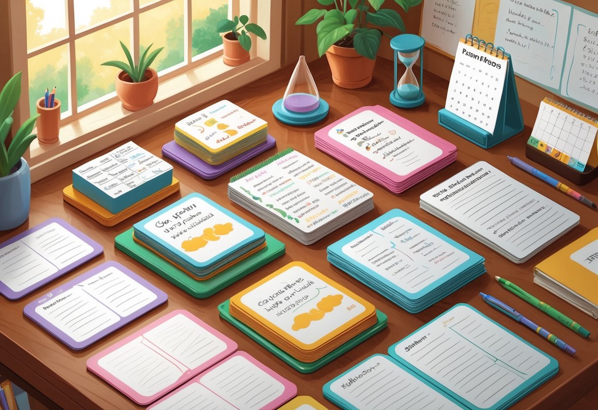 A study desk with Spanish flashcards, notebooks, index card boxes, a paper calendar, and an hourglass timer arranged for analog language learning.