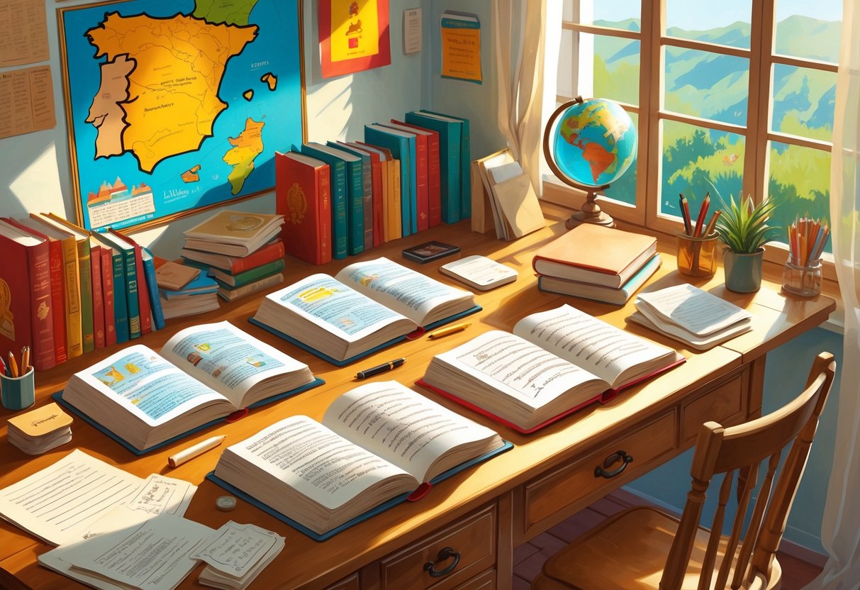 A sunlit study desk with Spanish books, flashcards, handwritten notes, and a map of Spain on the wall, showing materials for learning Spanish without digital devices.