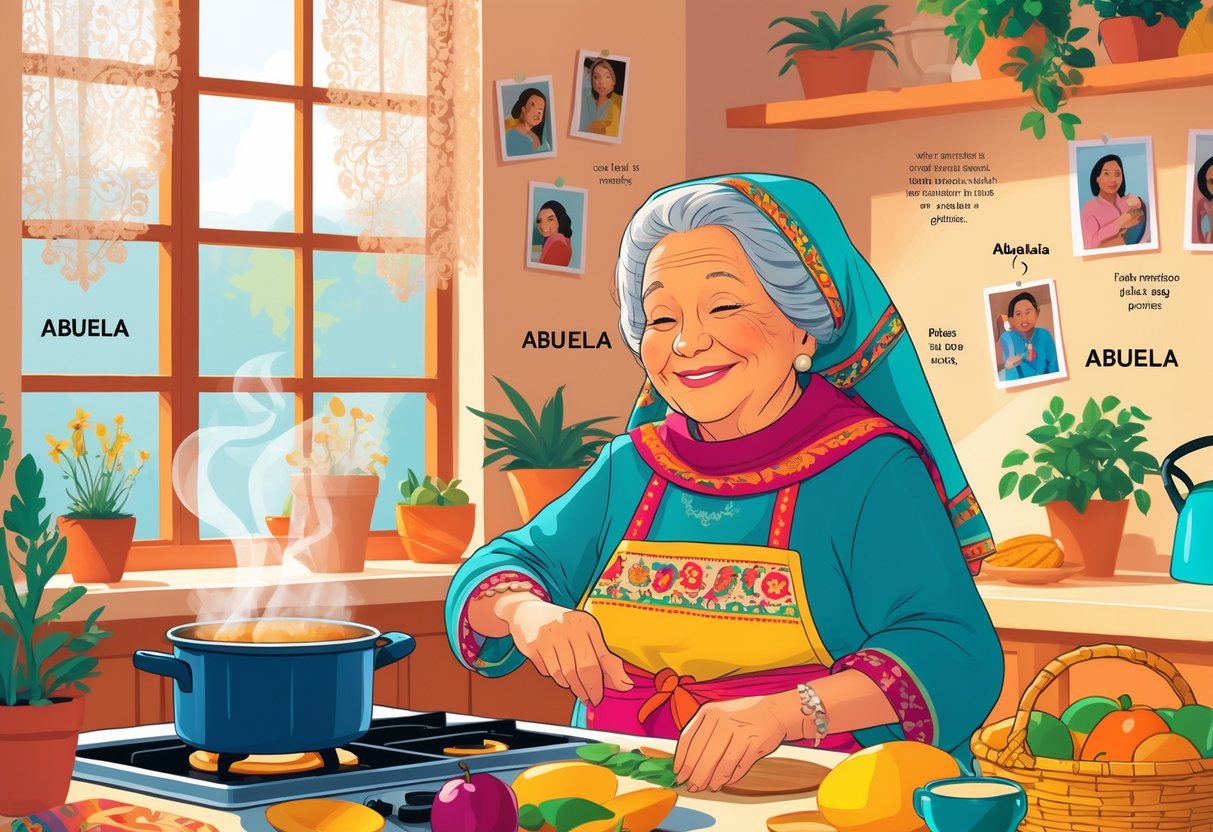An elderly Latina grandmother in a cozy kitchen, smiling warmly with traditional clothing and surrounded by household items and family photos.
