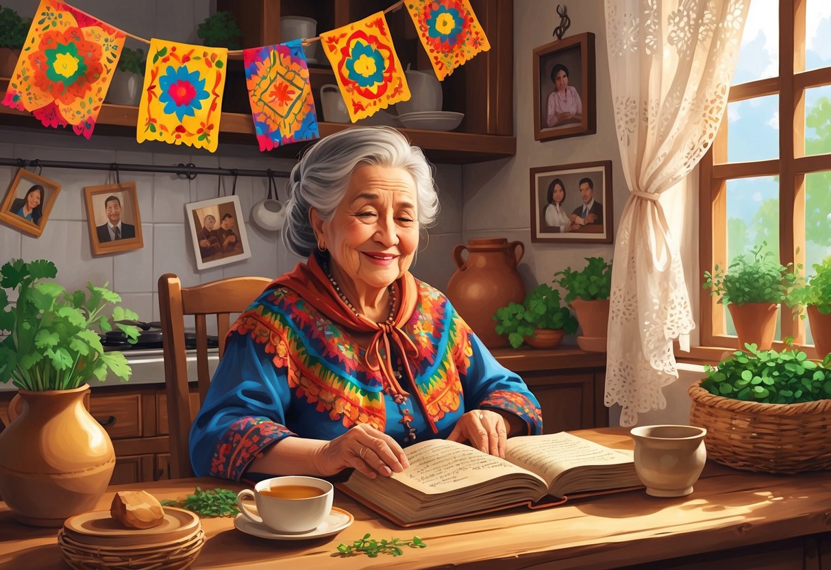 An elderly Hispanic grandmother sitting at a wooden table in a cozy kitchen surrounded by traditional decorations and family photos, smiling as she shares cultural wisdom.